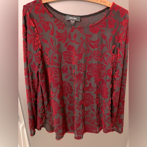 Karen Kane Tops - Karen Kane Top Sz L Red Velvet Floral Over Sheer Black Burnout
